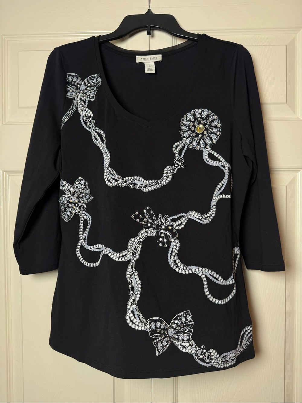 White‎ House Black Market Woman's Top Black Embellished Bow Gorgeous